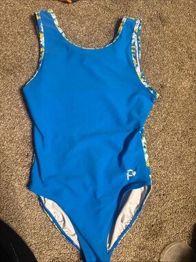 Bright Blue Plum Gymnastics Leotard with Floral Trim. Adult M